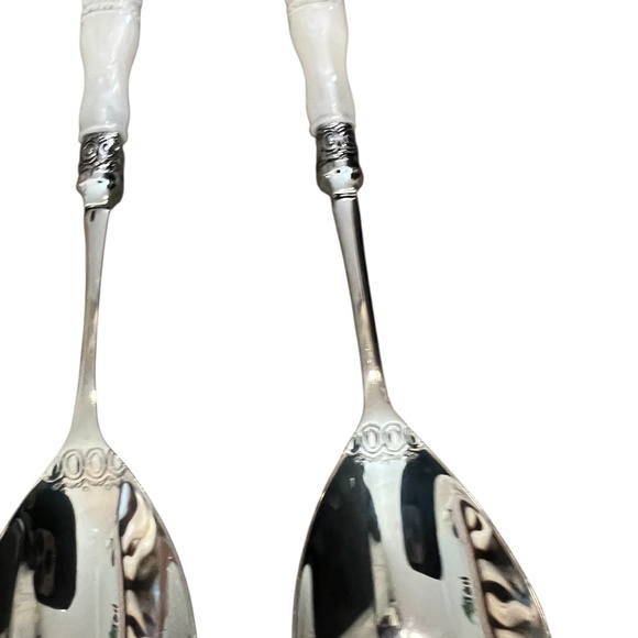 Pair Vintage SLAH Faux Carved Mother of Pearl Handles Salad Serving Spoon & Fork - Picture 4 of 5